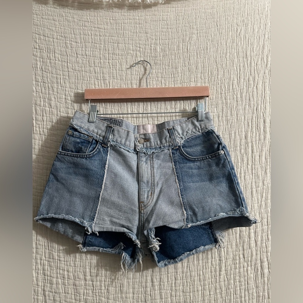 Revice Ziggy patchwork frayed denim cut-off shorts